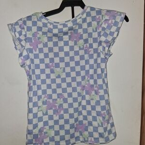 Kids' Blue Checkered Shirt with Purple Floral Accents
